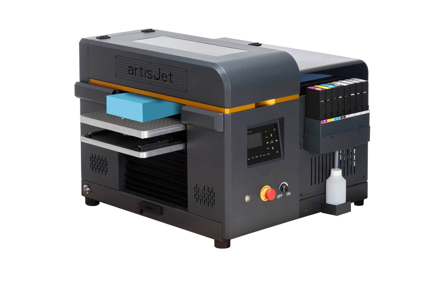 ArtisJet 3000U Pro flatbed UV printer with control panel and ink cartridges visible