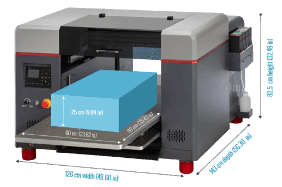 Industrial UV flatbed printer with measurement dimensions for print area.