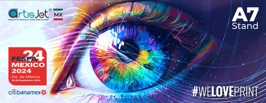 Colorful digital illustration of a human eye with FESPA Mexico 2024 event details and #WeLovePrint hashtag.
