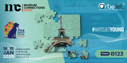 Museum Connections Paris 2025 event graphic with Eiffel Tower puzzle, dog silhouette, event date and location.