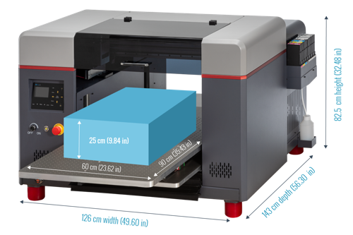 Large flatbed printer with labeled dimensions and a blue box illustrating maximum print area