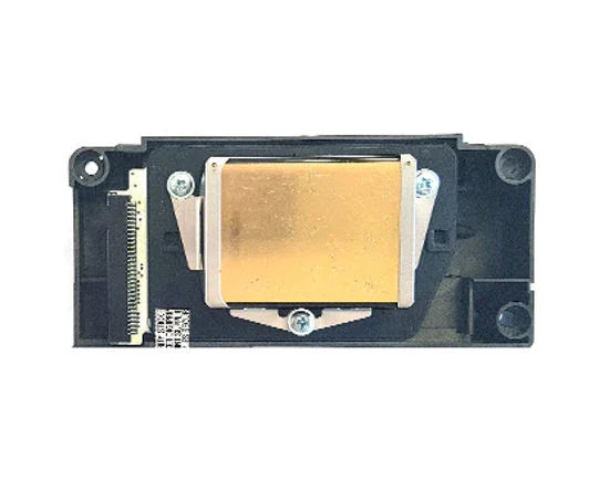 Close-up of a gold printer printhead component with black casing for inkjet printer